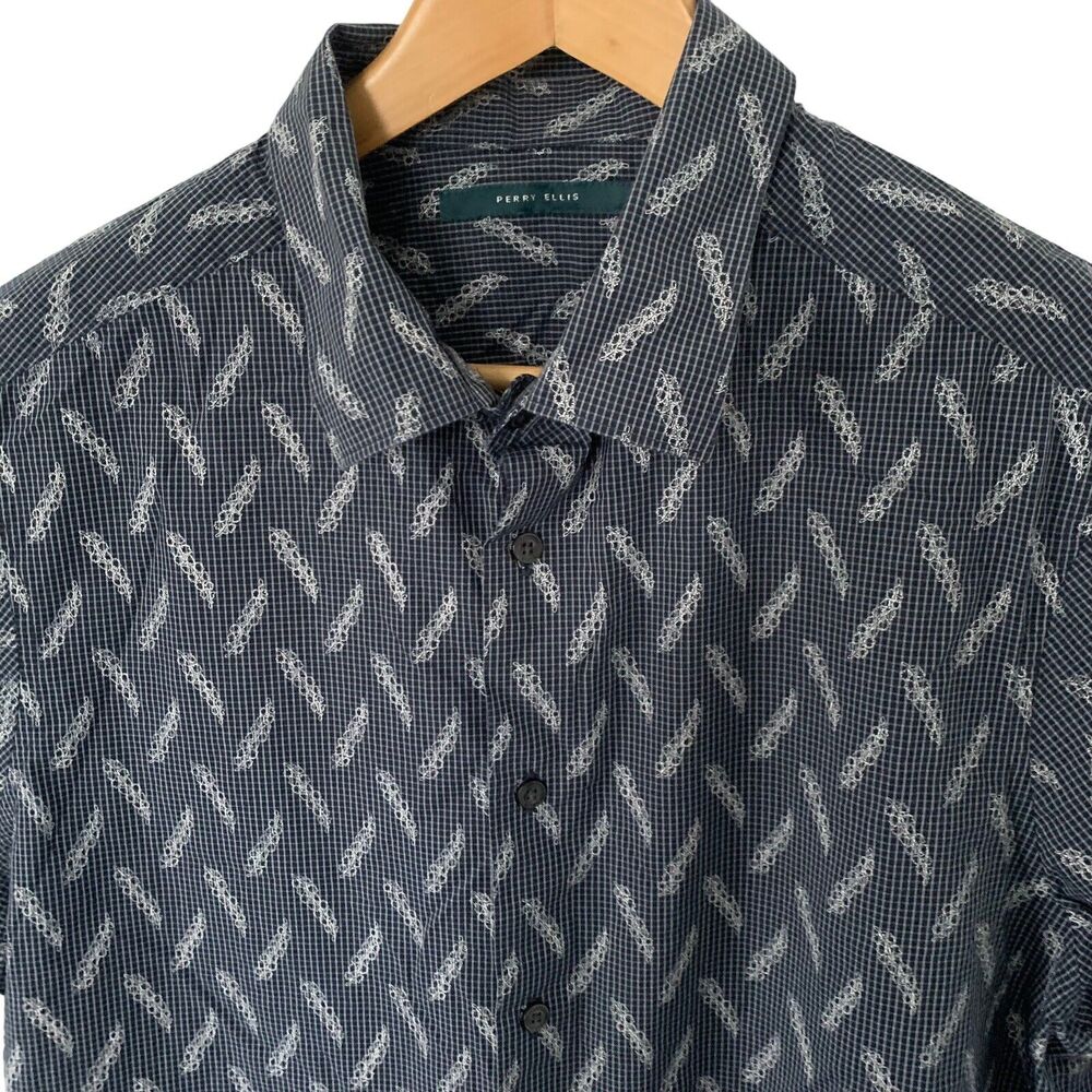 Perry Ellis Big Tall Mens Short Sleeve Blue Print Shirt 100% Cotton Sz LT